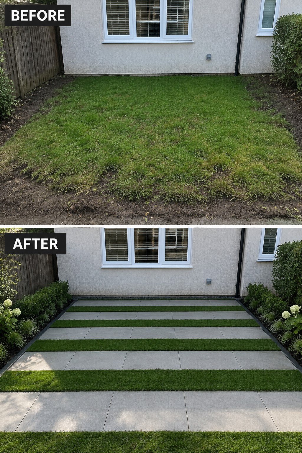 Overgrown lawn transformed into modern striped turf and stone patio in before-after view.