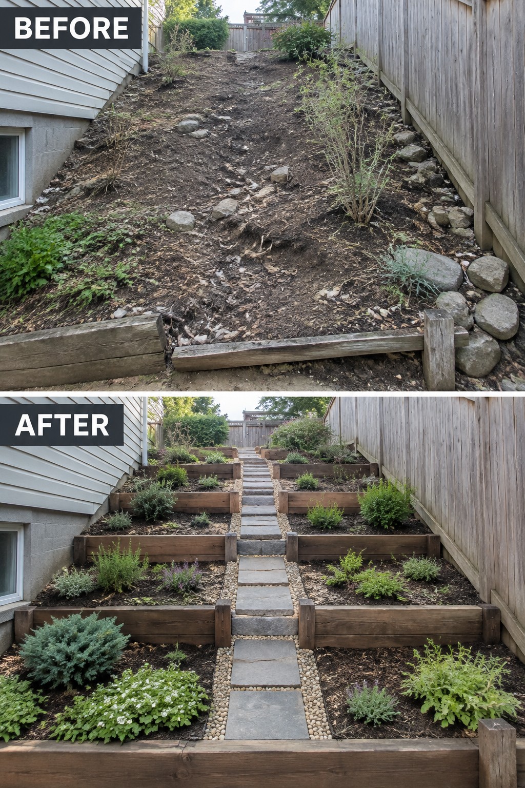 Before and after of sloped yard transformed into terraced wooden garden beds with stone path.
