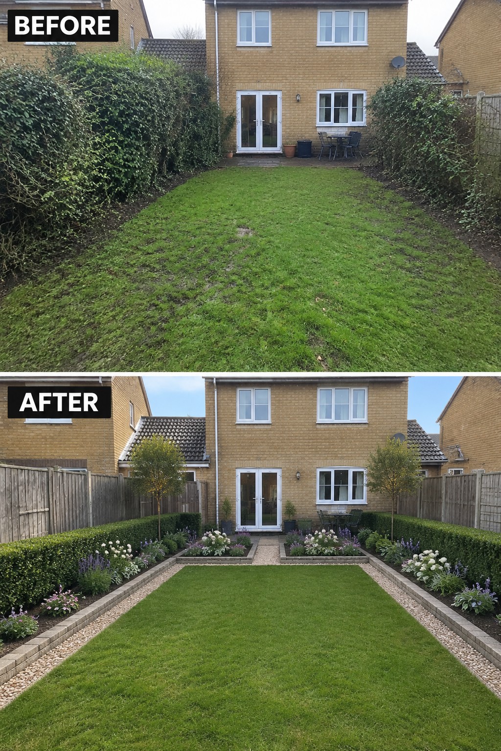 Before and after backyard: overgrown lawn transformed into landscaped garden with flower beds and hedges