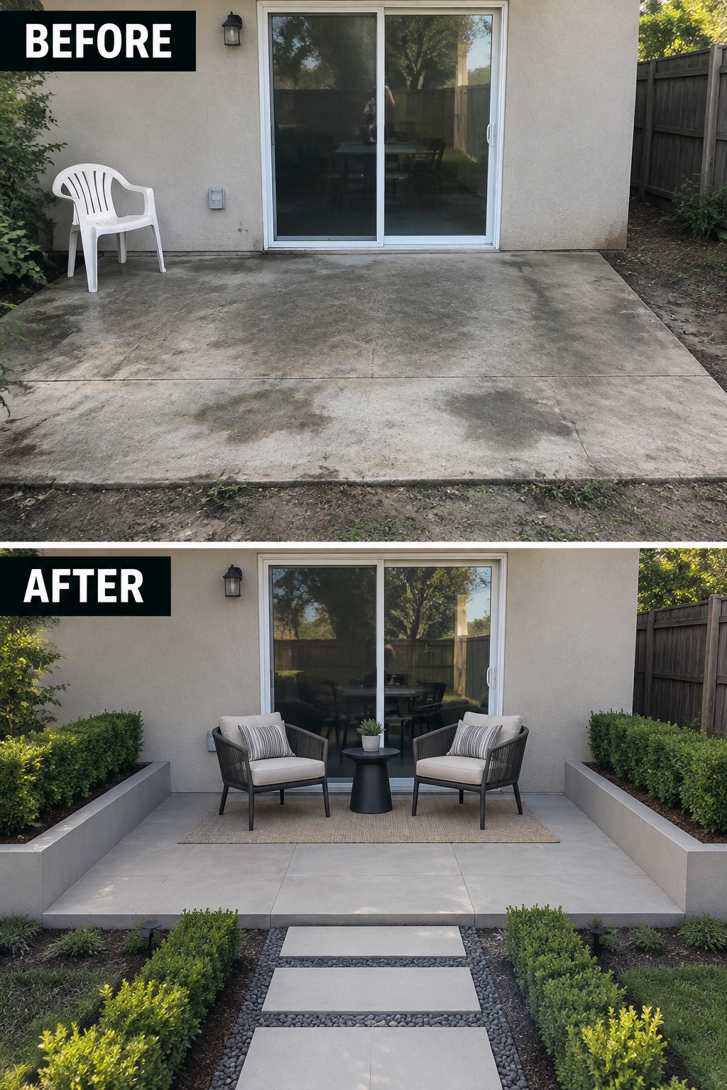 Before and after patio renovation: stained concrete replaced by tiled seating area with furniture and planters.