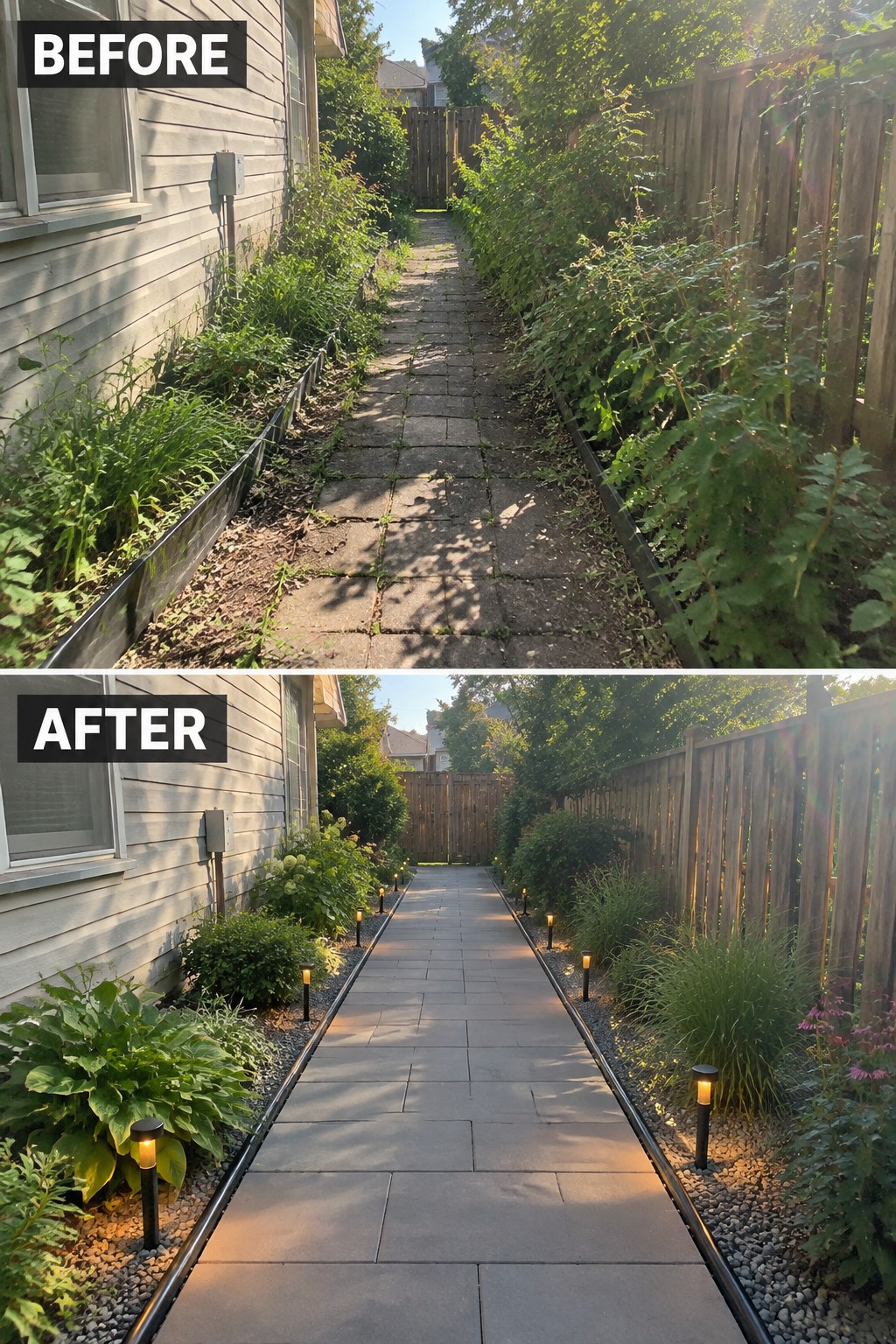 Before and after of overgrown stone path transformed into neat garden with lights