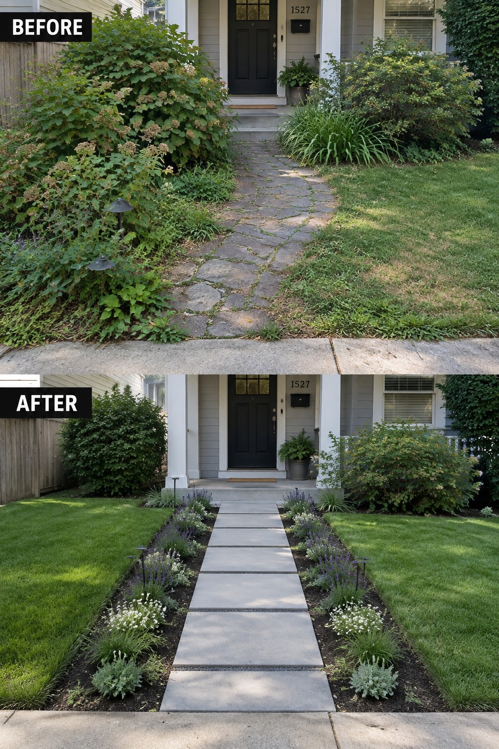 Before-and-after image of an overgrown front entry with a crooked stone path changed into a straight paver walkway lined with bordered garden beds.