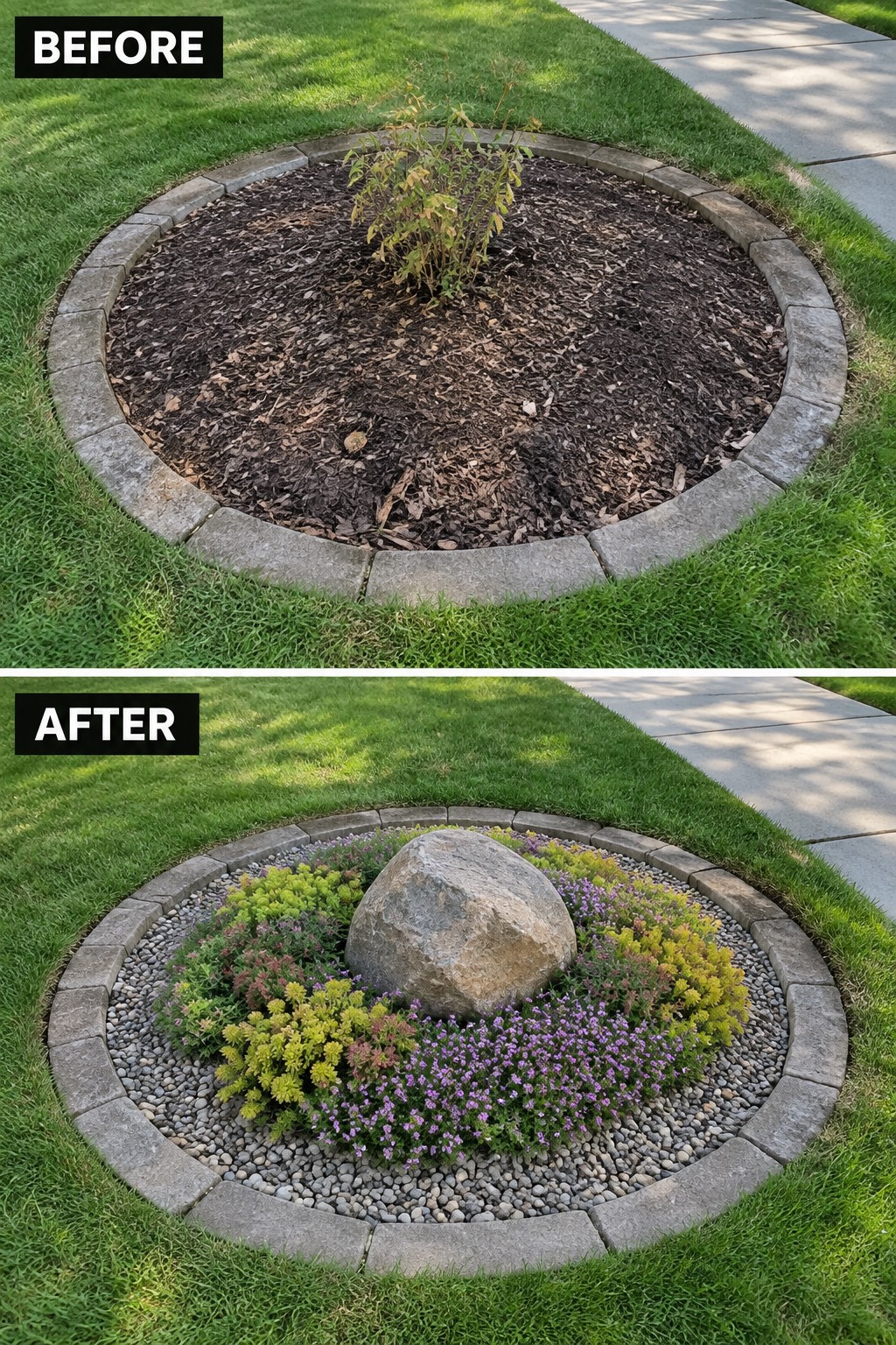 Before-and-after of circular stone-edged bed, from mulch shrub to rock and flowers.