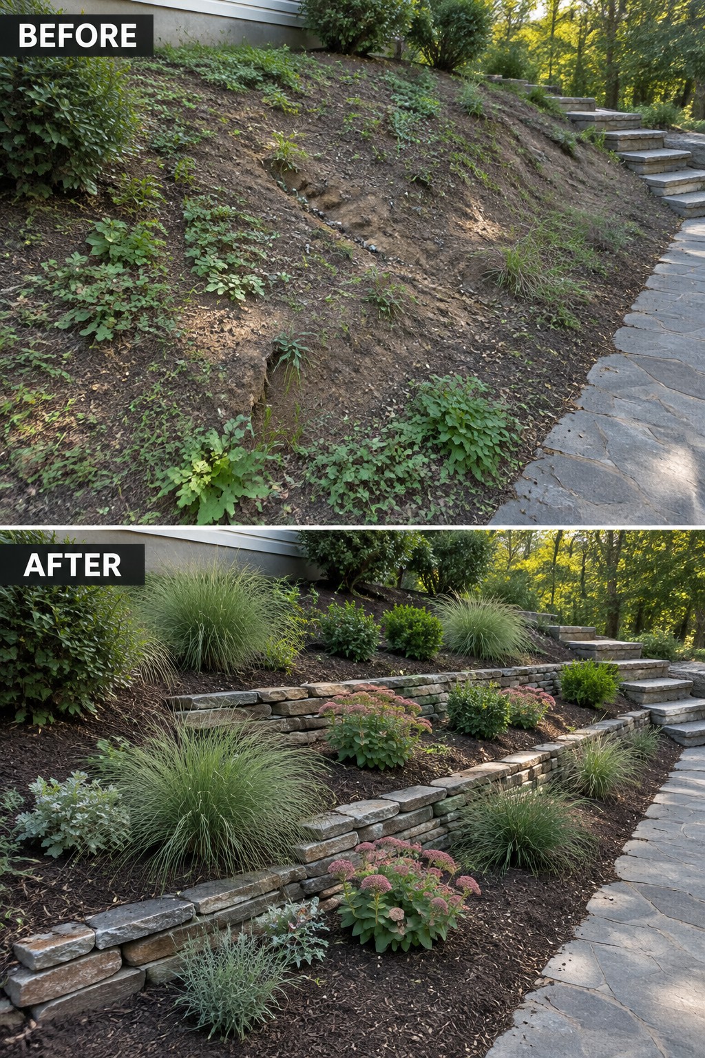 Before and after of bare hillside transformed by stone retaining walls and plantings