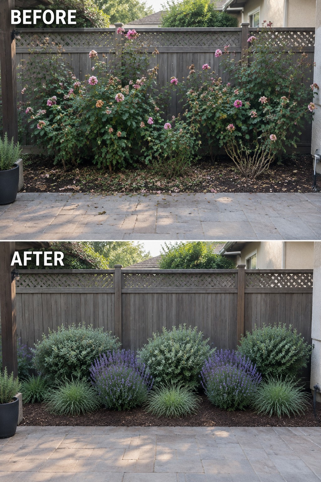 Before and after garden makeover: overgrown roses replaced by lavender and shrubs along fence.