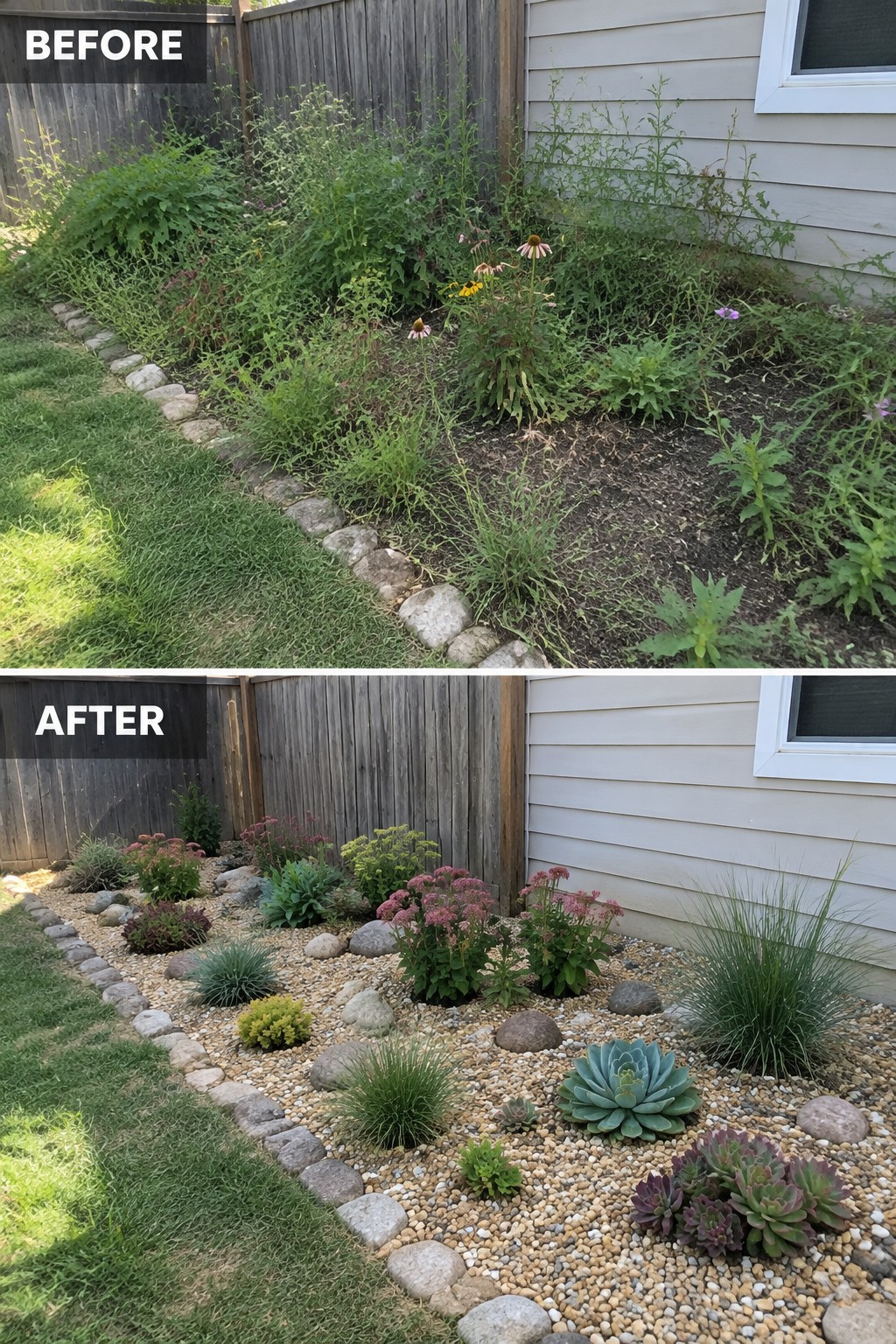 Before and after of overgrown garden bed transformed into neat succulent rock garden