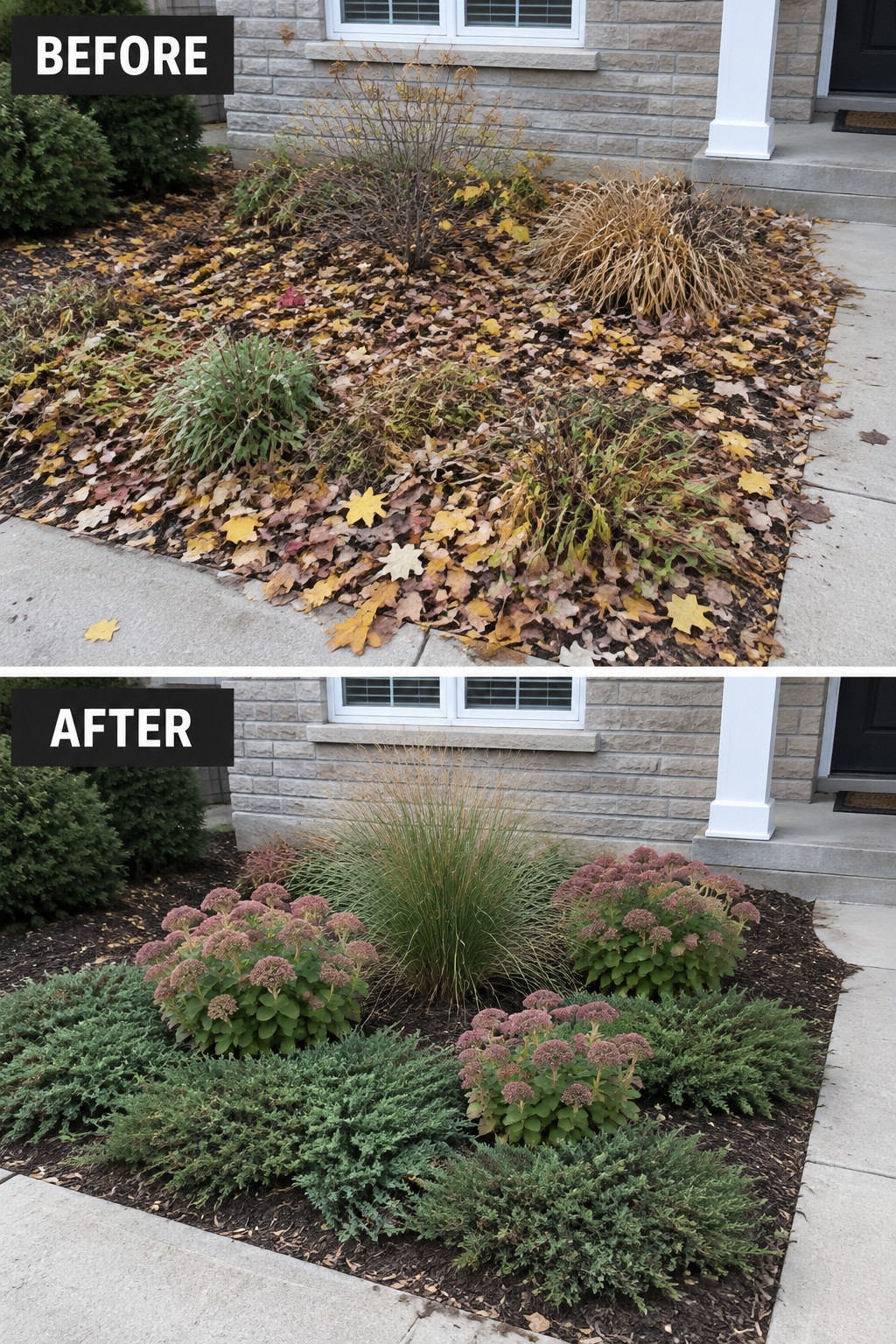 Before-and-after image of an overgrown garden bed transformed into a structured planting with shrubs, ornamental grass, and mulch.
