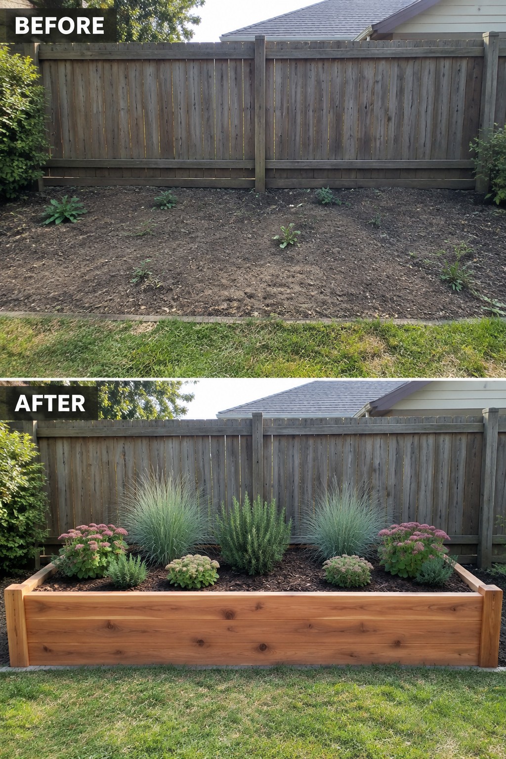 Before-and-after image of a bare dirt strip along a wooden fence changed into a raised cedar garden bed with mulch and planted shrubs.