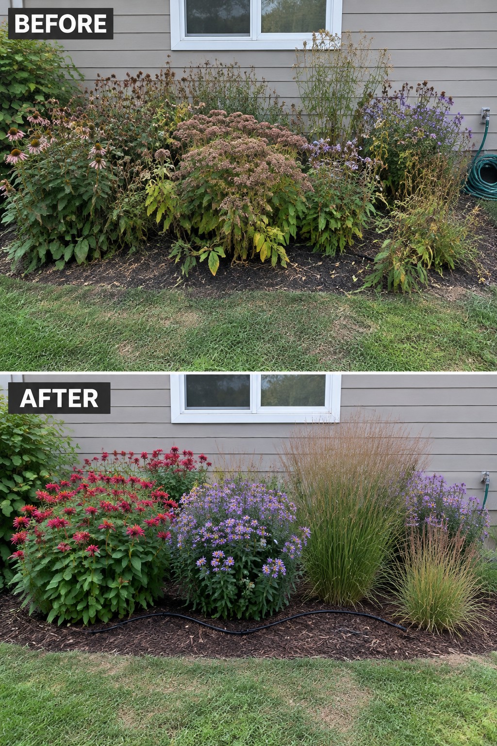 Before-and-after image of an overgrown garden bed transformed into a neat border with grouped red flowers, purple asters, and ornamental grasses.