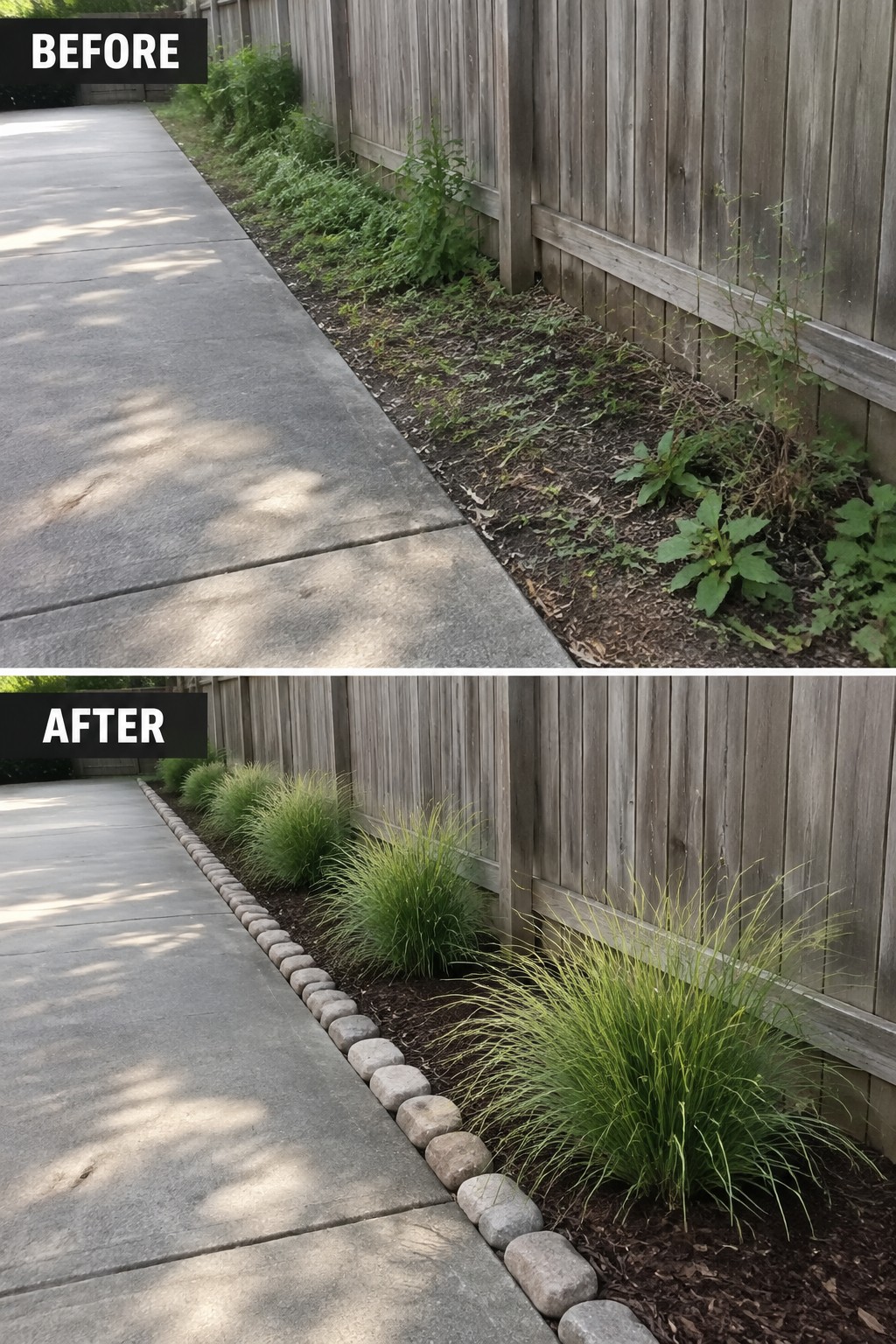 Before and after of weedy garden bed edged with stones and ornamental grasses along fence.