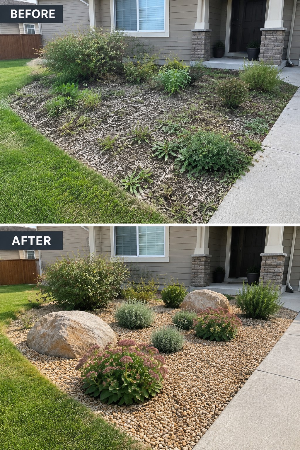 Before-and-after image of an overgrown front garden bed changed into a clean gravel bed with large rocks and structured low plants.