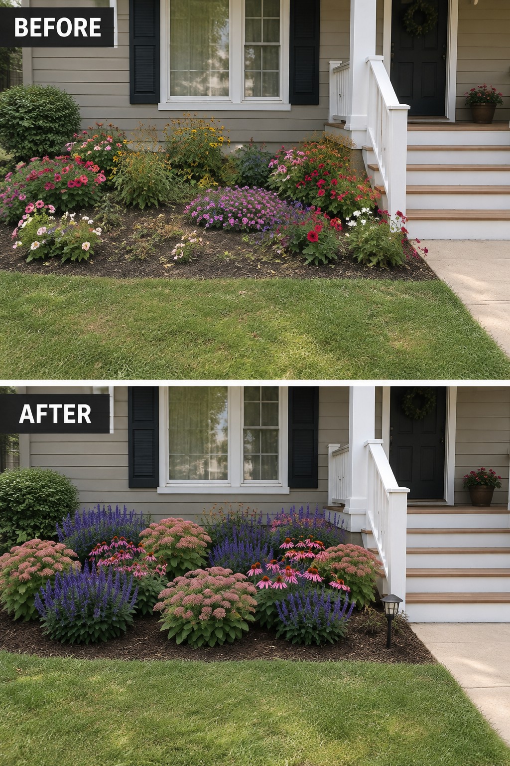 Before and after of overgrown vs. neatly arranged colorful flower bed by house porch.