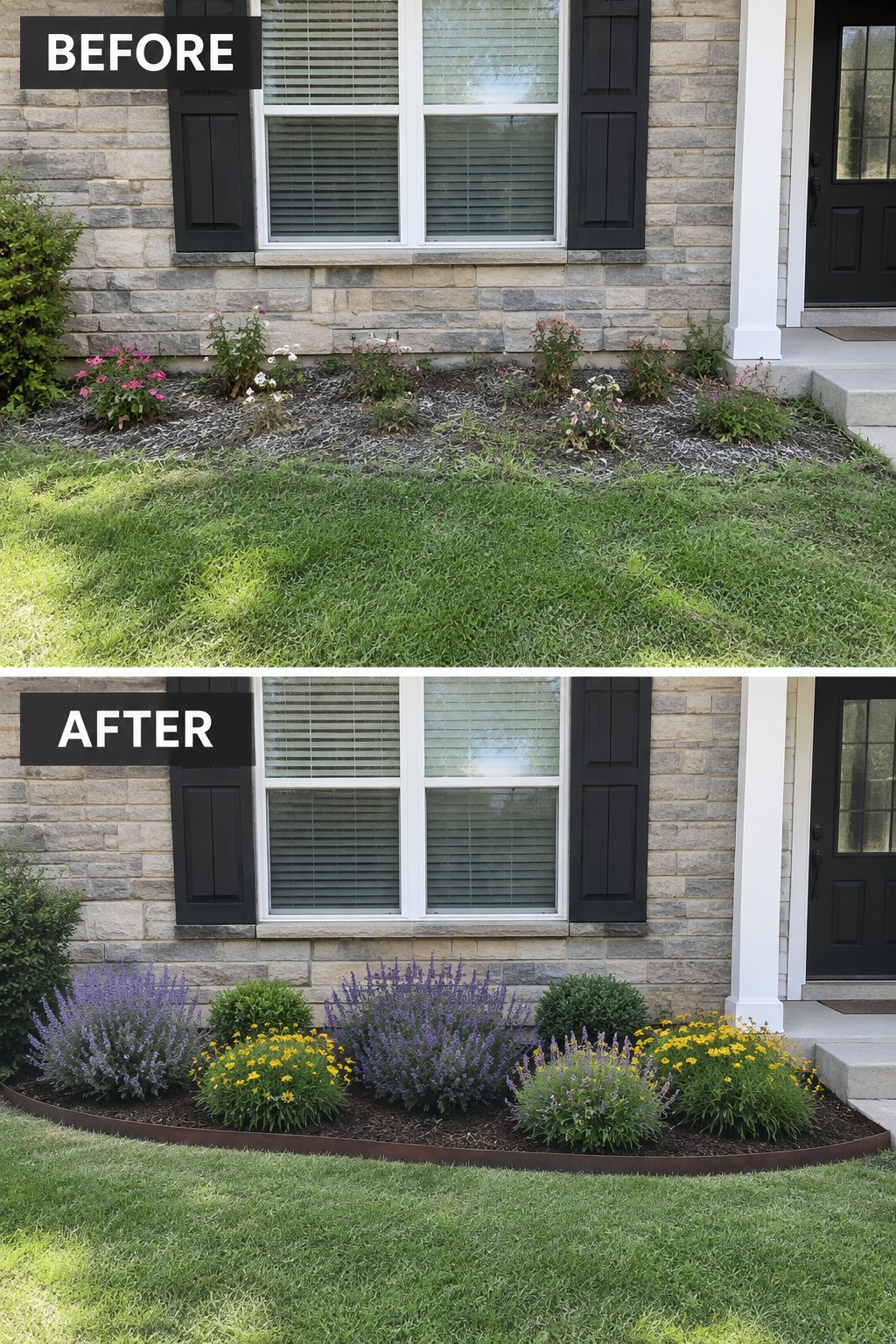 Before-and-after image of a front garden bed changed from scattered plants and mulch into a defined curved bed with metal edging, lavender, and yellow flowers.