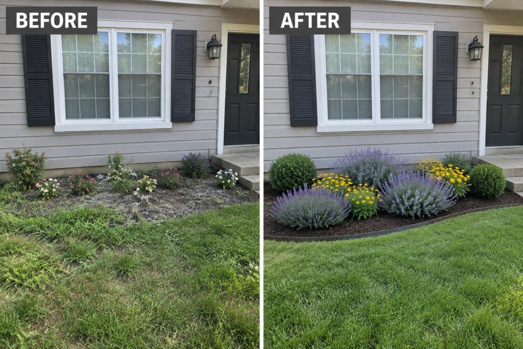 Before-and-after image of a front garden bed changed from scattered plants and mulch into a defined curved bed with metal edging, lavender, and yellow flowers.