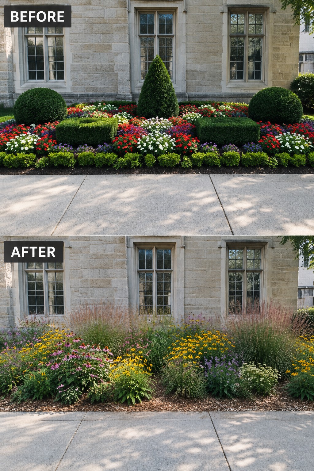 Before-and-after image of a formal flower bed with clipped boxwood shapes changed into a loose perennial border with ornamental grasses and yellow flowers.