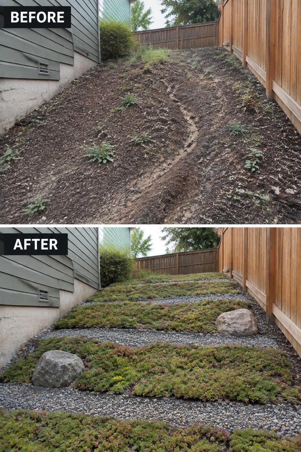 Before muddy slope and after terraced garden with plants, rocks, and gravel paths.