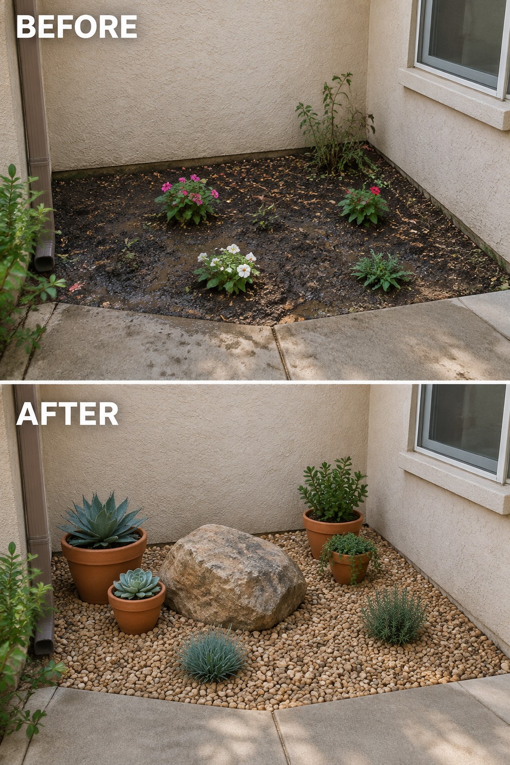 Before muddy garden bed transformed into gravel rock garden with potted succulents and boulders