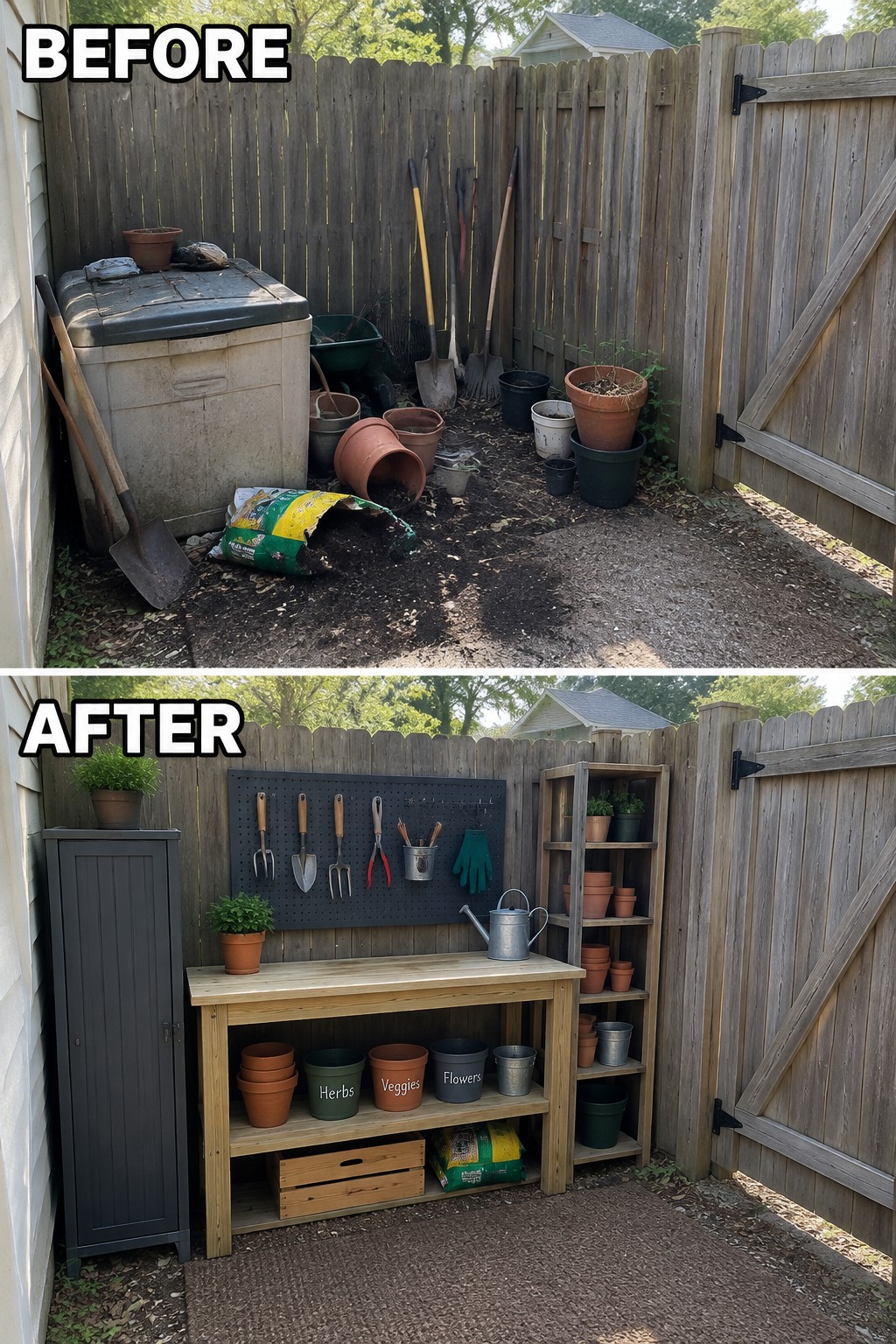 Before messy yard corner with scattered tools and pots, after organized workbench, pegboard and shelves