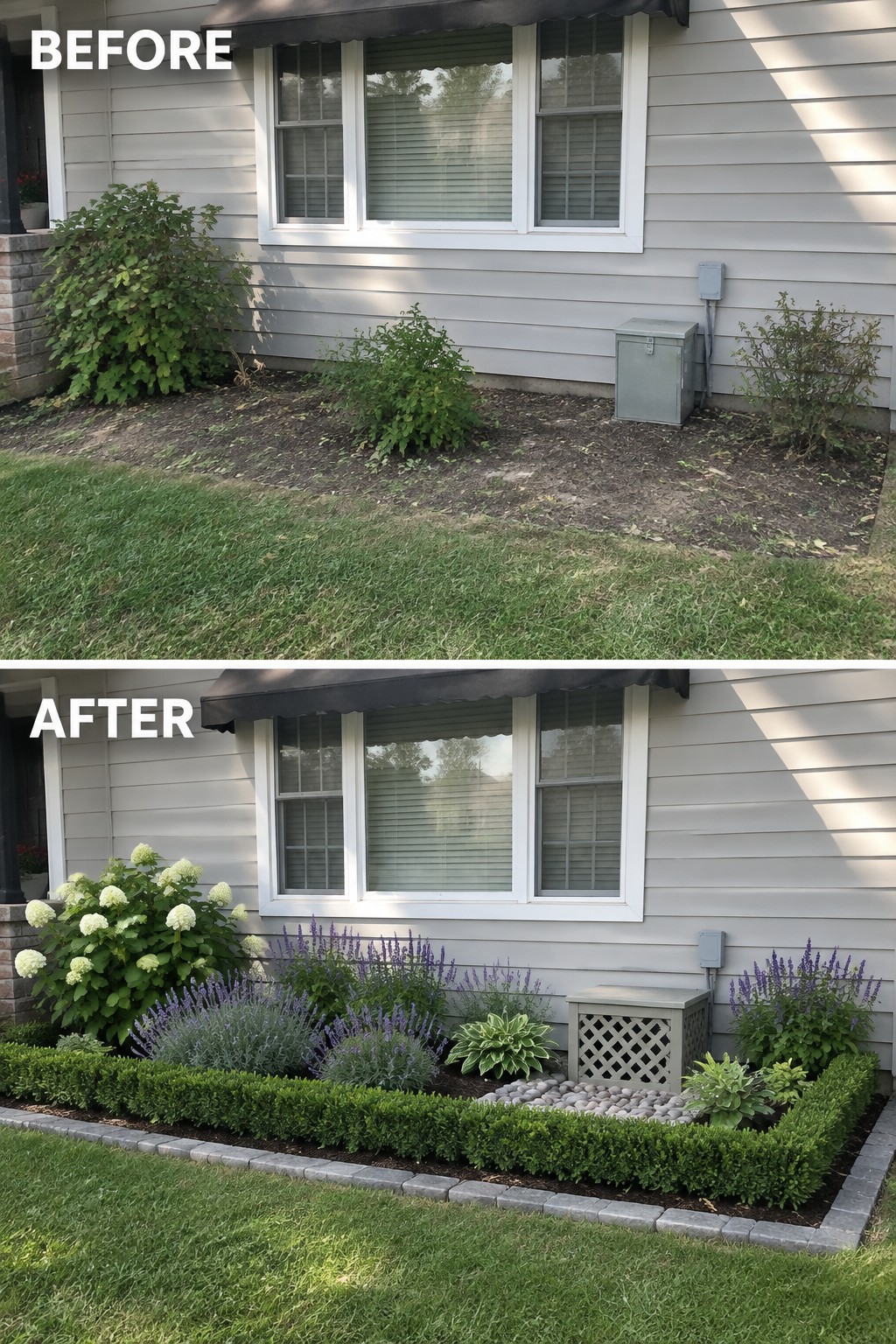 Before and after of house window with bare dirt transformed into landscaped garden bed