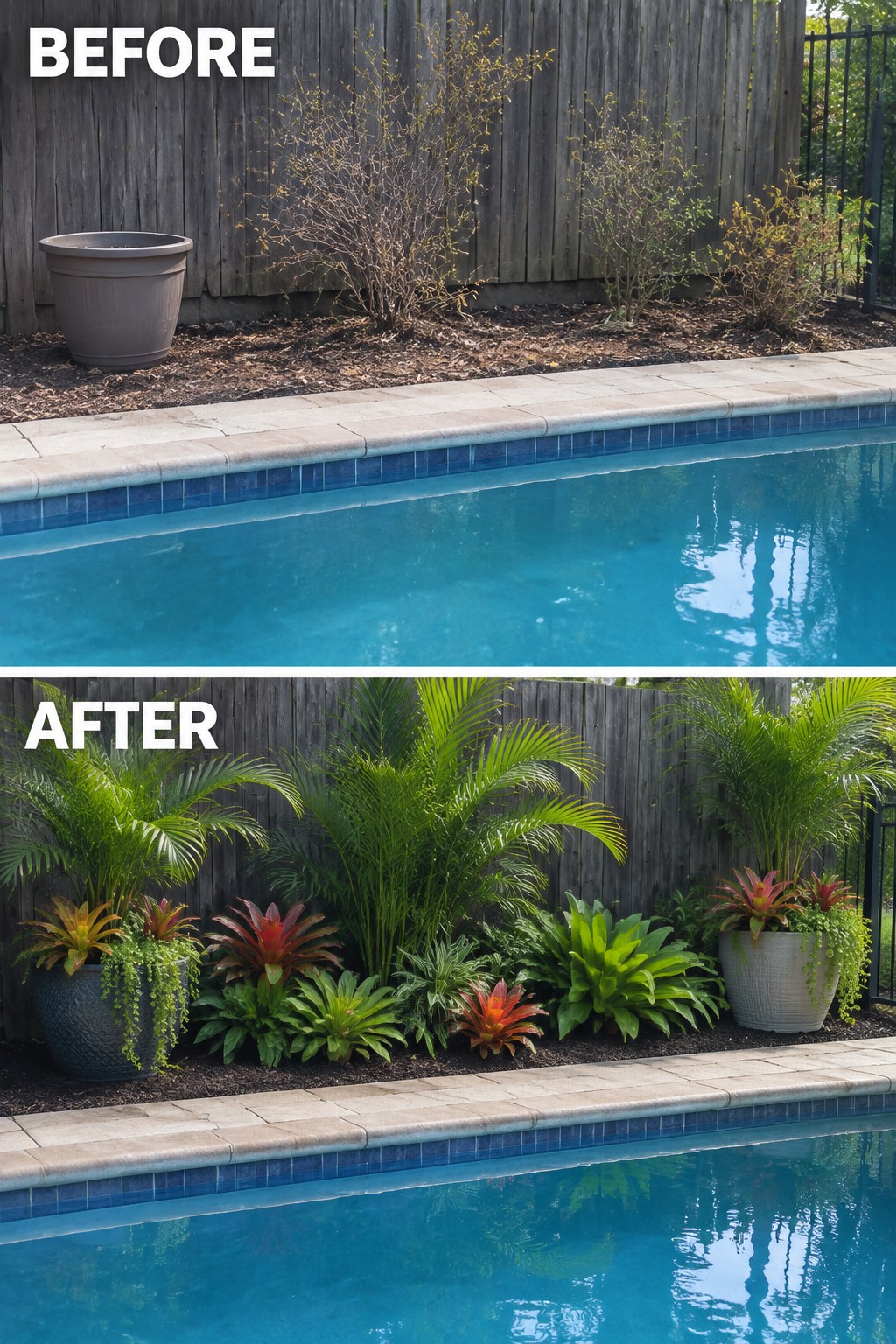 Before and after poolside landscaping with lush palms and colorful tropical plants.