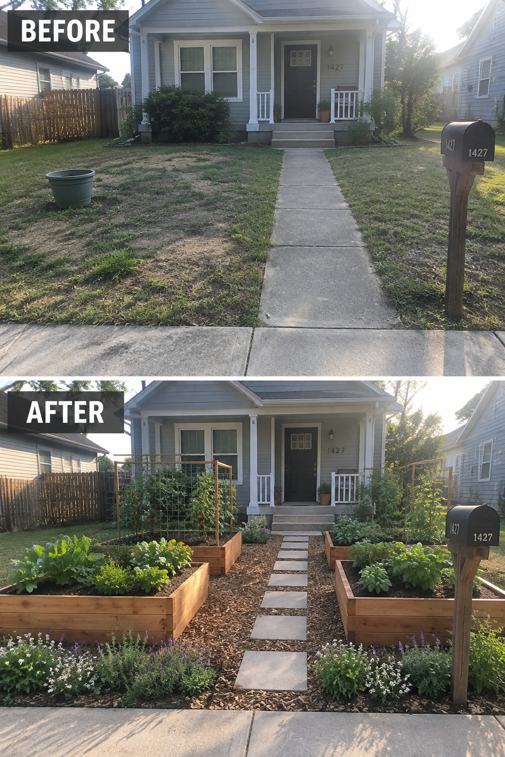 Before-and-after image of a bare front yard transformed with raised garden beds, mulch, and a stepping stone path.