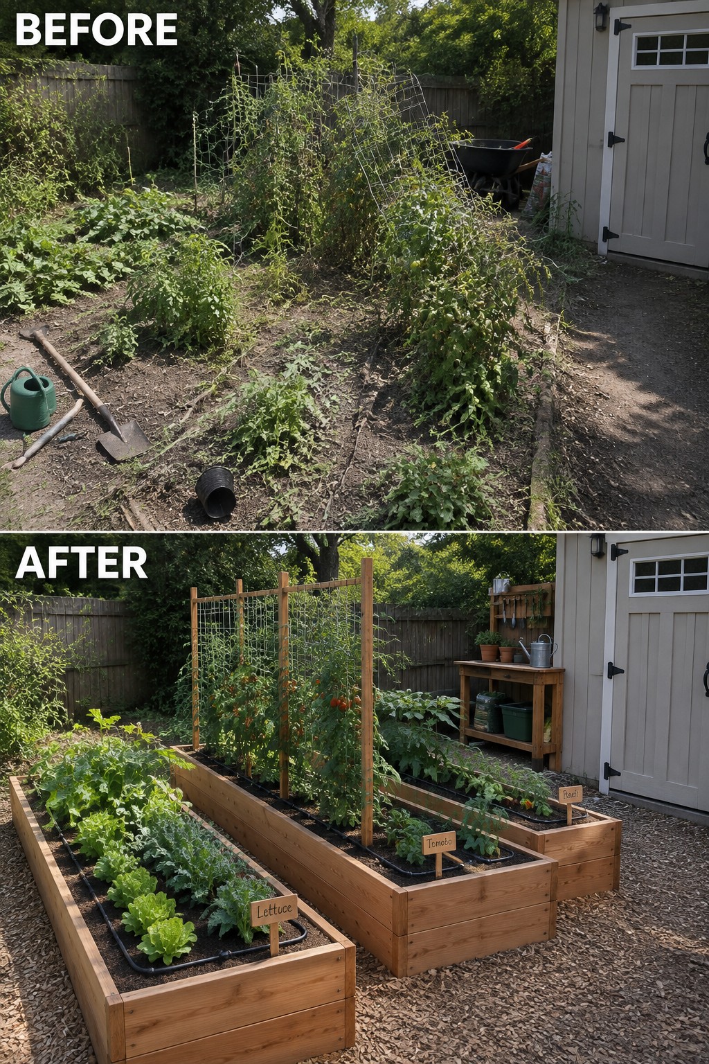Before-and-after image of an overgrown backyard transformed into organized raised garden beds with vegetables, trellises, and mulch paths.