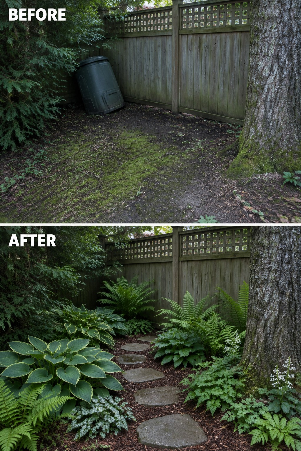 Before and after backyard transformation with plants, path replacing trash bin and moss