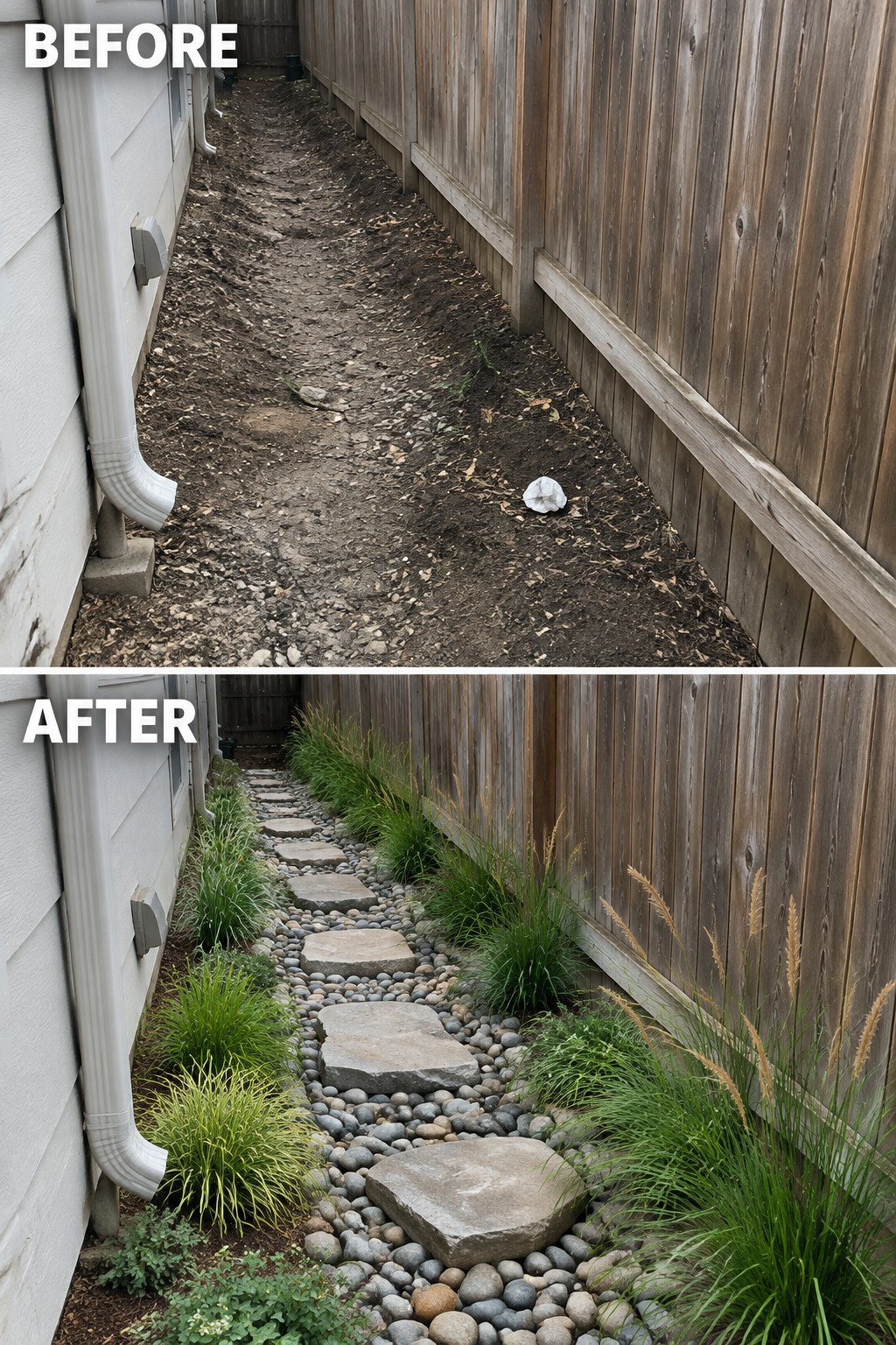 Before-and-after image of a bare dirt side yard transformed into a stone path with gravel and ornamental grass borders.