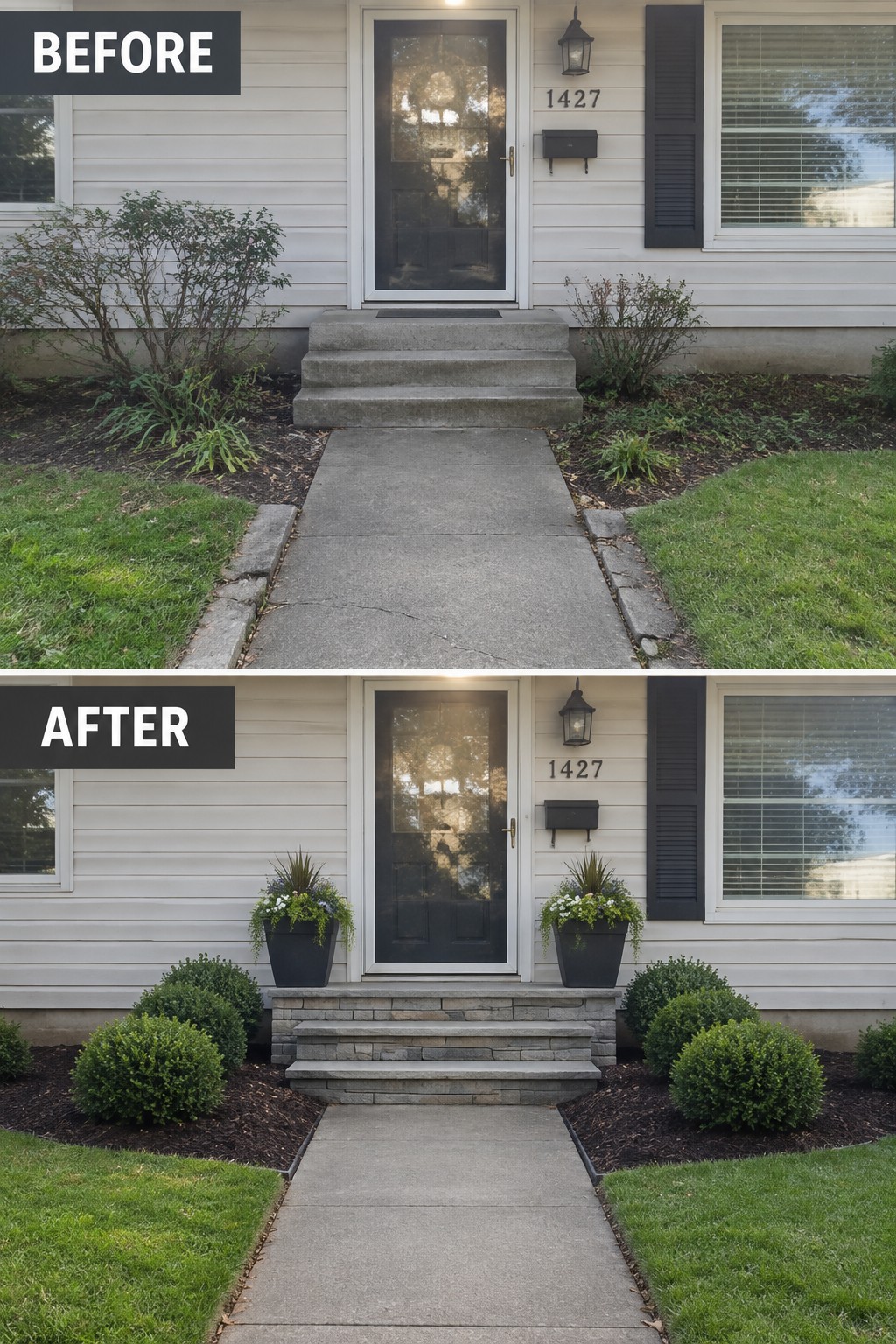 Before and after house entrance with stone steps, potted plants, and fresh landscaping