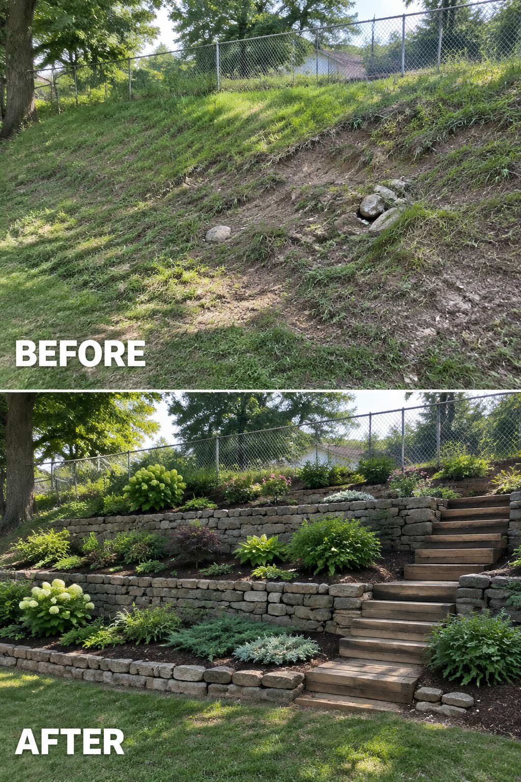 Before-and-after image of a steep grassy slope changed into terraced garden beds with stone retaining walls, planted areas, and wooden stairs.