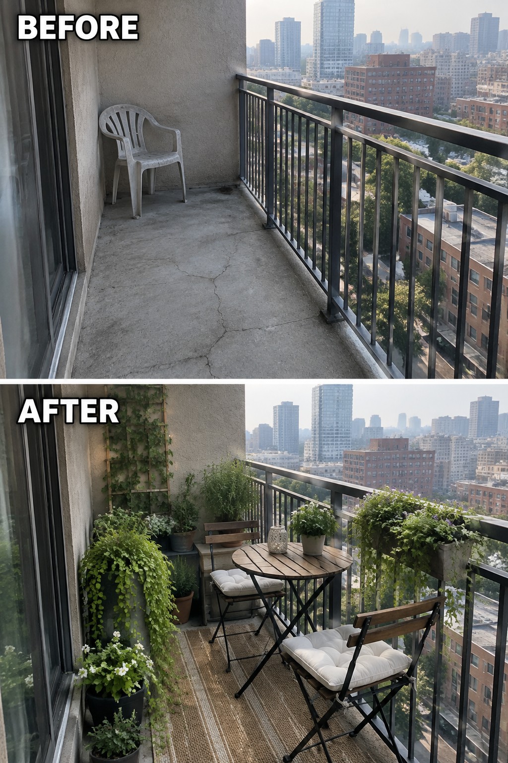 Before and after of bare balcony transformed into lush patio with plants and furniture.
