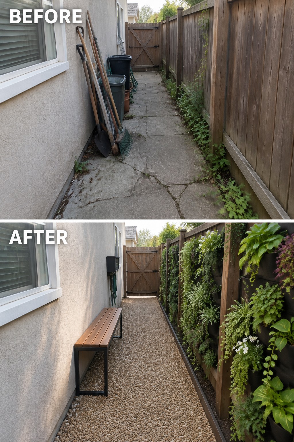 Messy concrete alley before and clean gravel path with bench plus vertical gardens after.