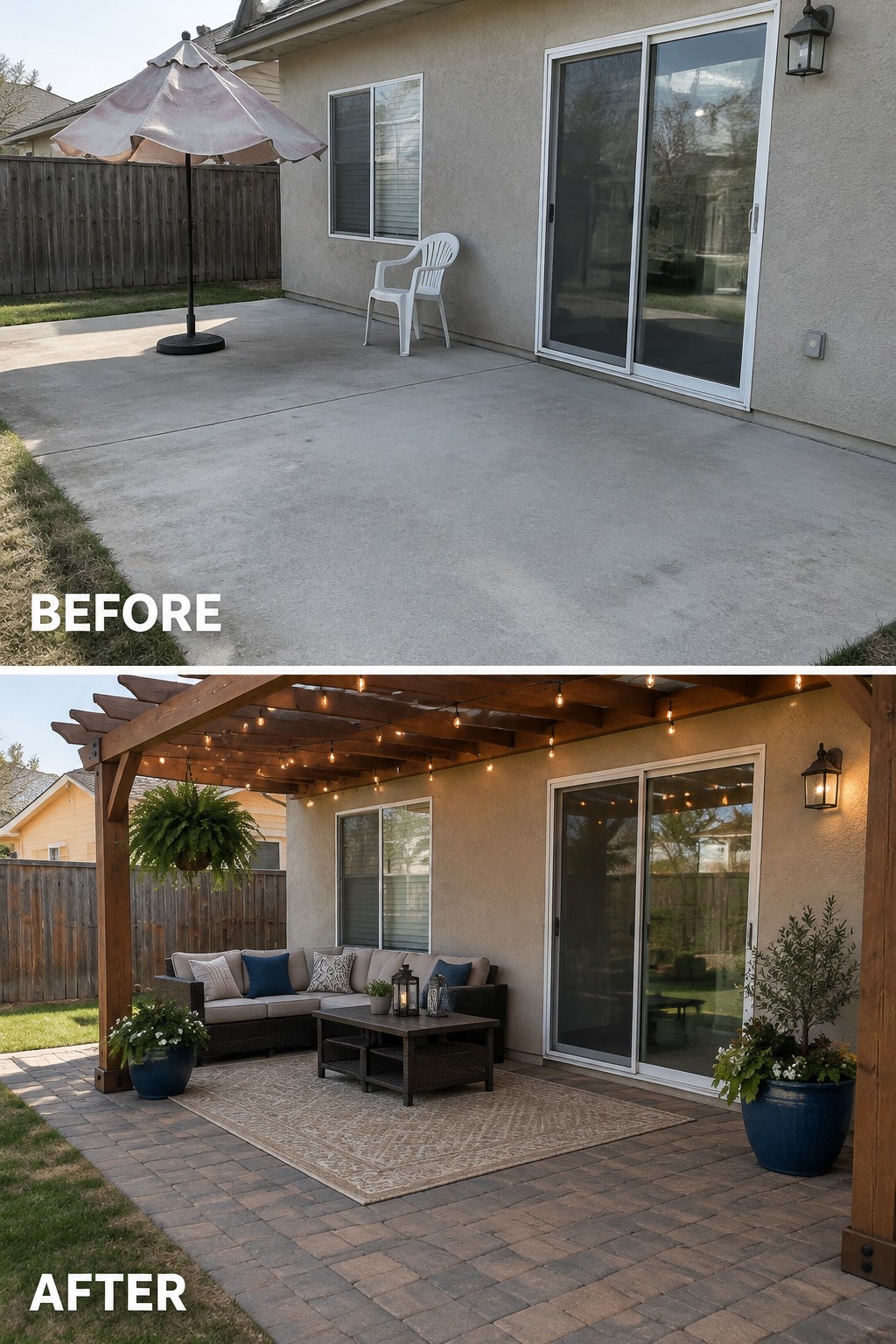 Before concrete patio and after with wooden pergola, string lights, sofa, and brick pavers