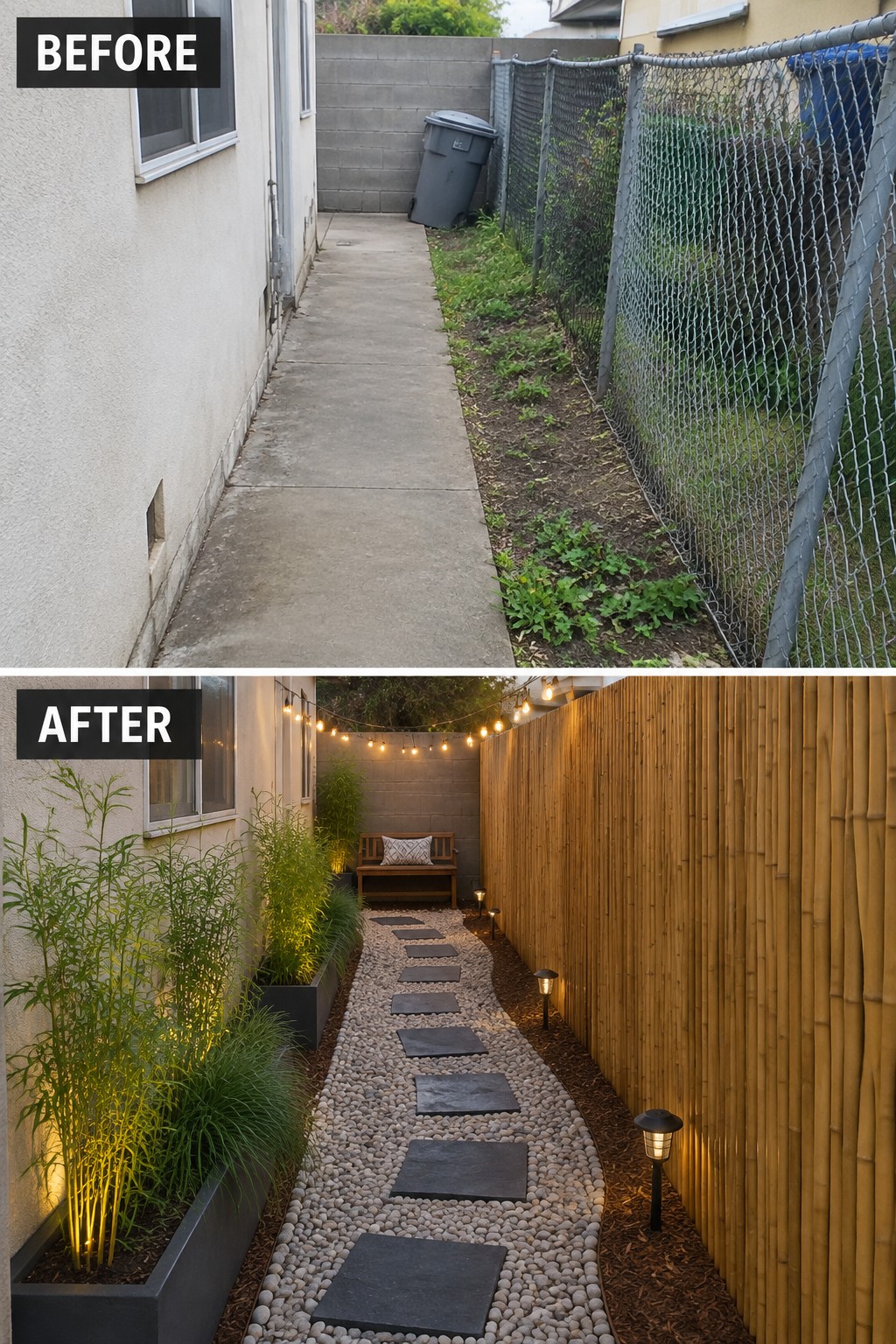 Before-after narrow walkway: concrete path becomes pebble garden with bamboo fence and string lights