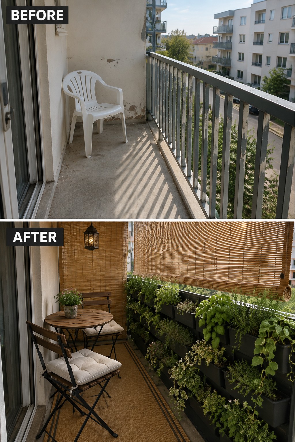 Before-and-after balcony with white chair transformed into furnished space with table, blinds, and plants.