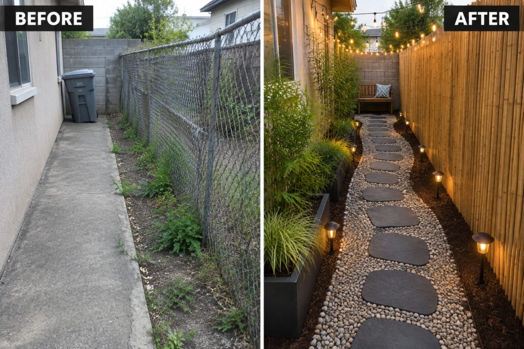 24 Unique Narrow Garden Makeover Ideas With Privacy Screening Before-after narrow walkway: concrete path becomes pebble garden with bamboo fence and string lights