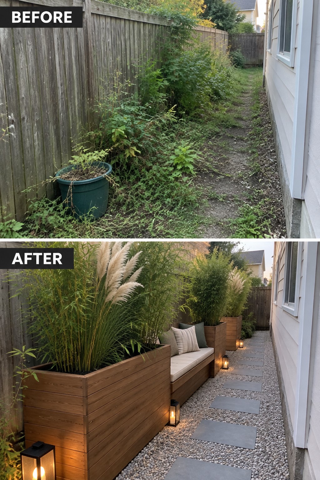 Before and after of overgrown side yard transformed into planters, bench, and stone path
