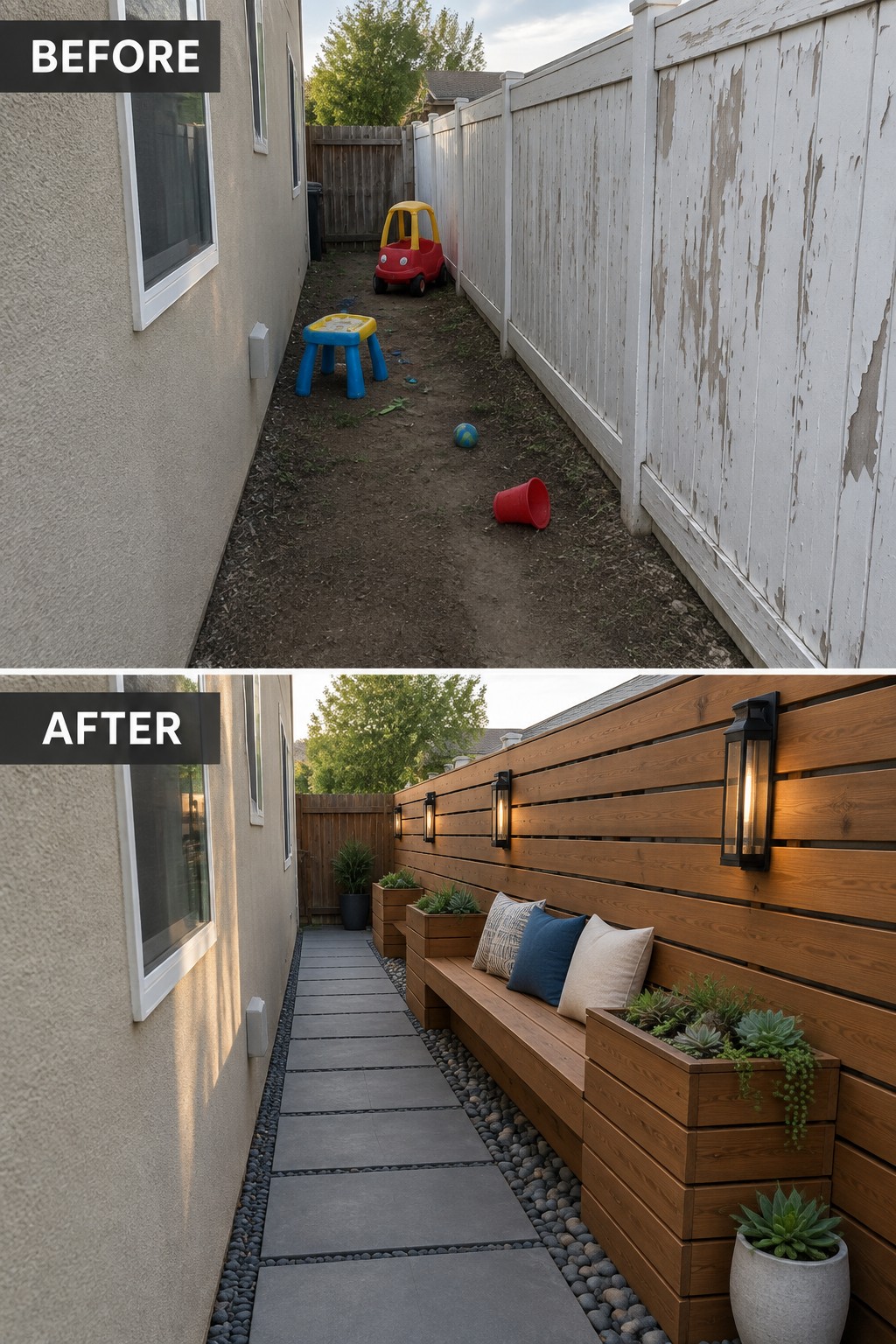 Before-and-after narrow yard: dirt path with toys becomes paved walkway, bench, and lit planters.