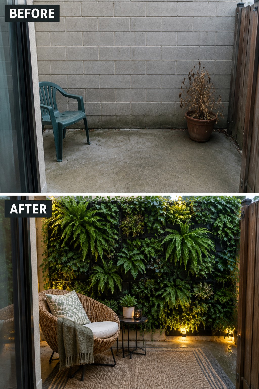 Before-and-after patio with bare concrete transformed into fern-filled vertical garden and cozy seating