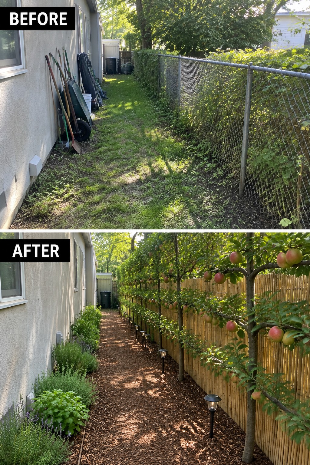 Before-and-after image of a narrow side yard transformed from an overgrown space with a chain link fence into a clean mulch path lined with espaliered fruit trees and new wooden fencing.