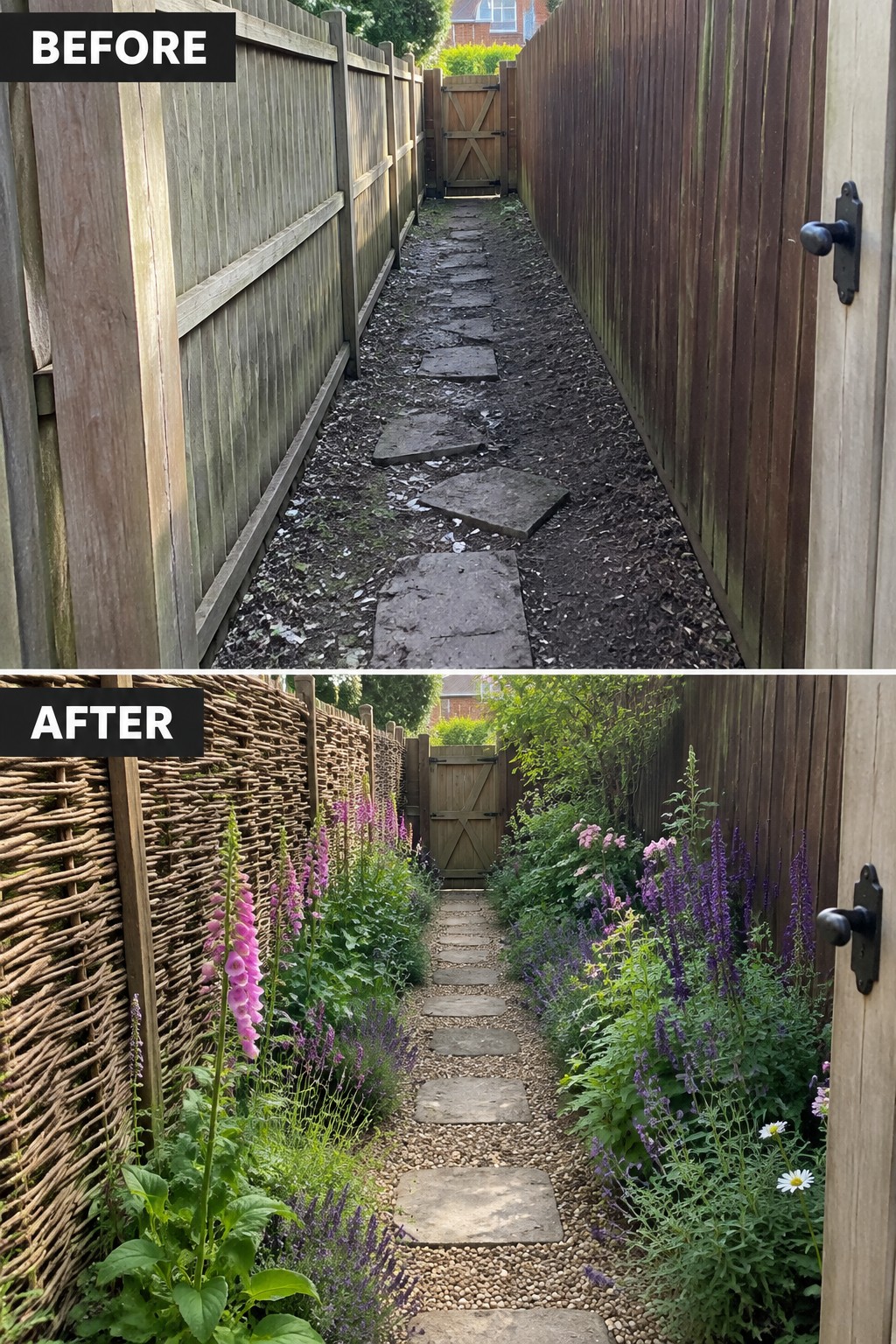 Before-and-after image of a narrow garden path transformed from bare dirt and scattered stones into a lush planted walkway with flowers, foliage, and gravel.