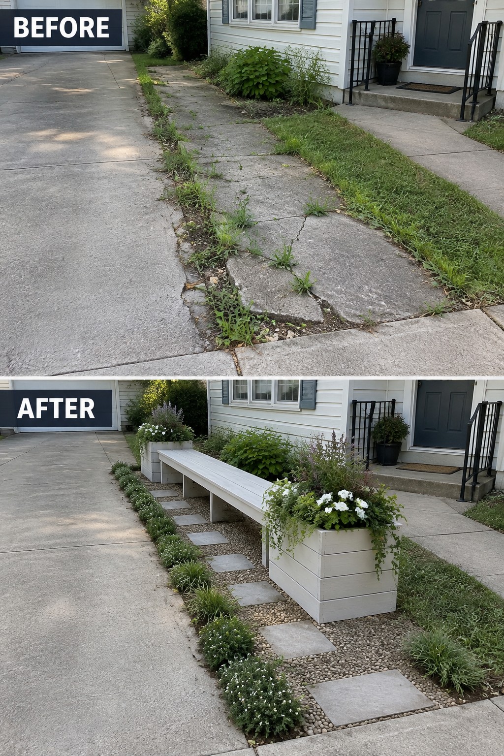 Before cracked driveway with weeds, after with bench, planters and stepping stones by house.