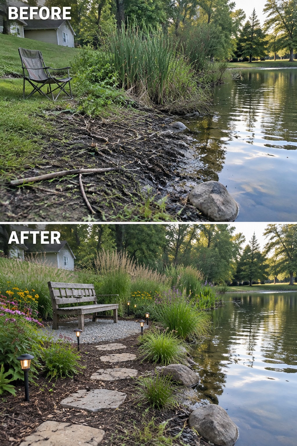 Before-and-after lakeside makeover: muddy bank to landscaped path, bench, flowers and lights.