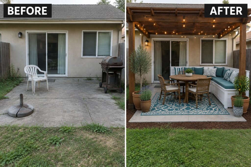23 Bold Garden Makeover Ideas Built Around a Dedicated Seating Area Before and after backyard patio with pergola, string lights, teal seating, and rug