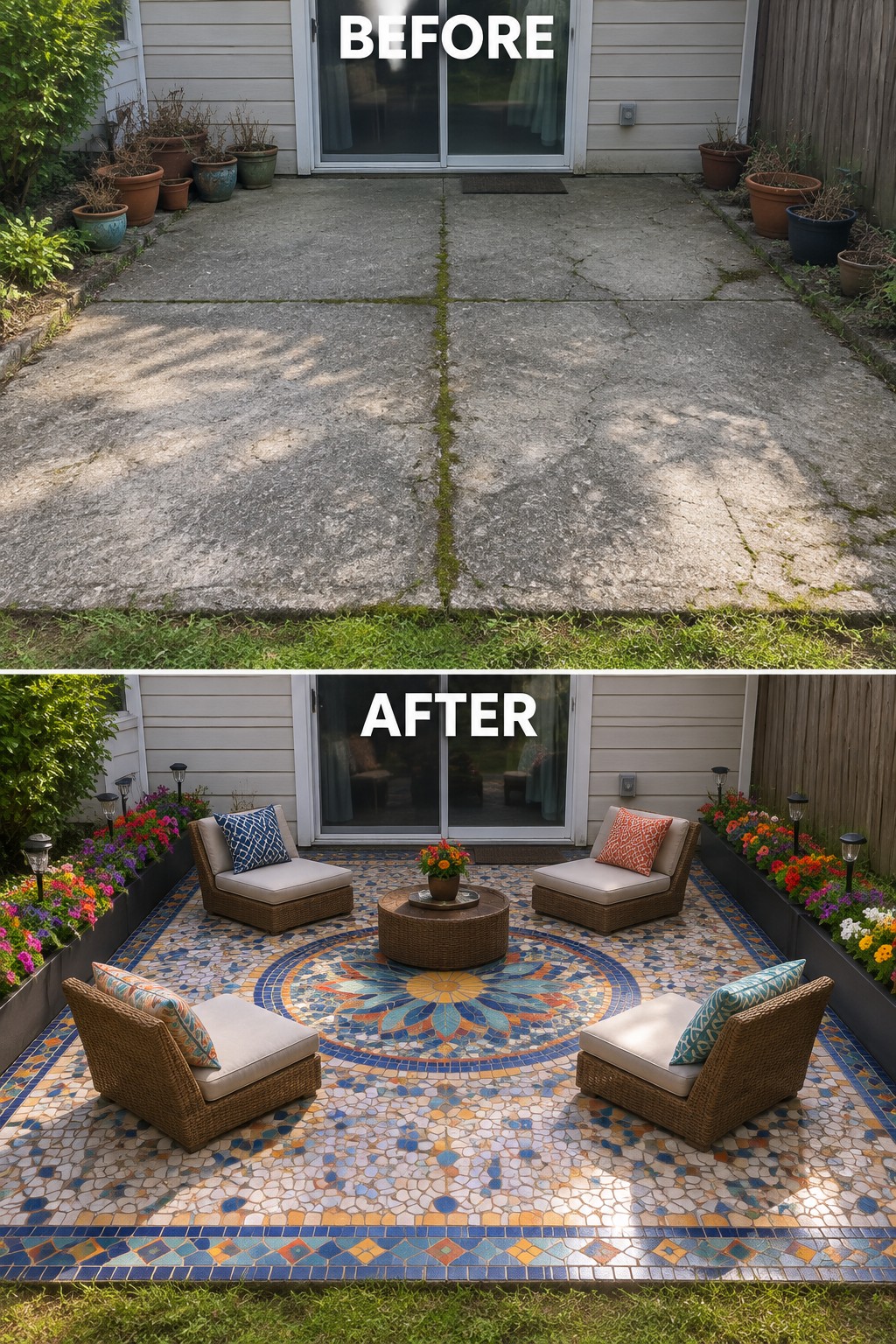 Before-and-after image of a plain concrete patio transformed into a colorful mosaic-tiled seating area with four chairs, a round table, and planted borders.