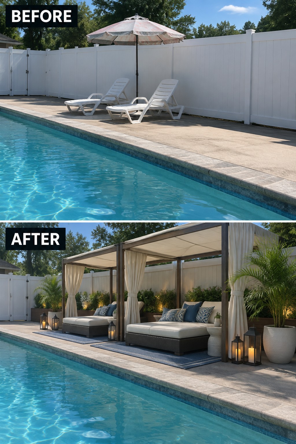 Before-and-after image of a plain pool deck with two lounge chairs and an umbrella changed into a covered cabana with daybeds, rugs, curtains, and lanterns.