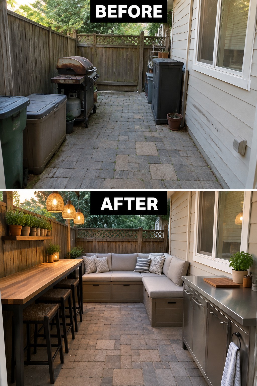 Before and after of brick patio transformed into outdoor kitchen and lounge area
