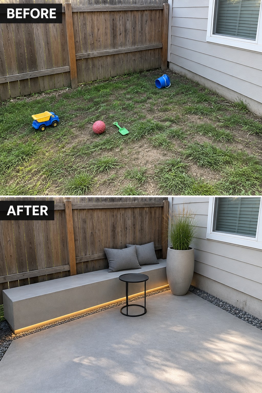 Before and after backyard transformation from patchy grass with toys to modern patio with bench.