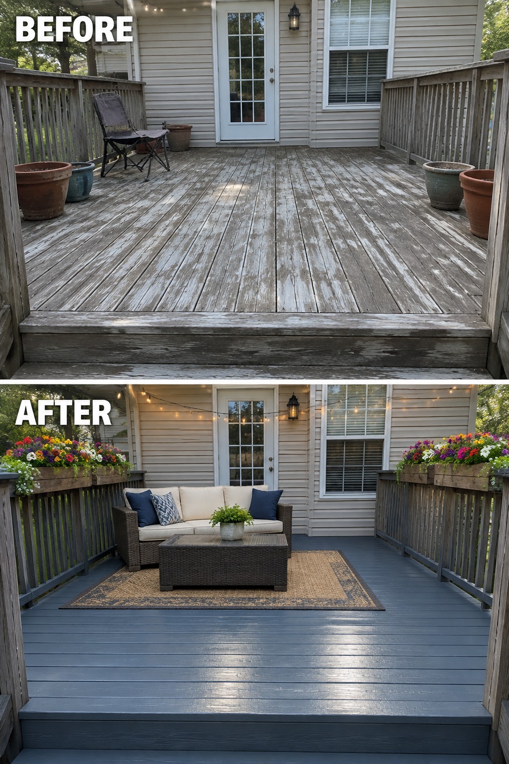 Before and after of weathered wooden deck transformed into dark-stained patio with furniture and flowers