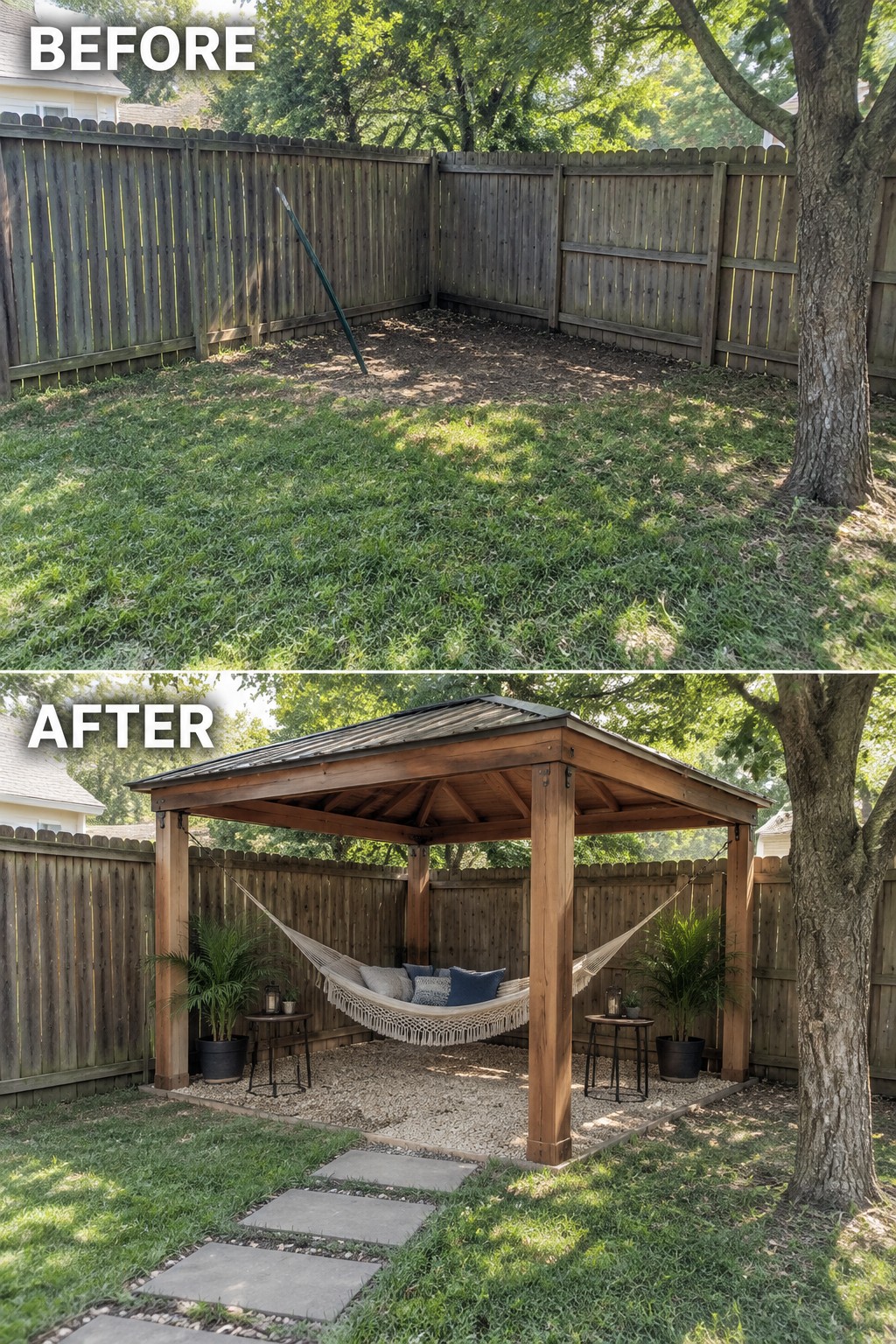 Before-and-after image of an empty backyard corner changed into a covered seating area with a wooden gazebo, hammock, gravel base, and potted plants.